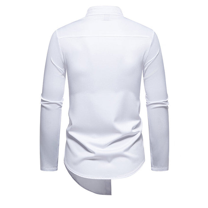 Herren elegantes Langarm-Hemd mit modernem Stehkragen und asymmetrischem Schnitt Drune