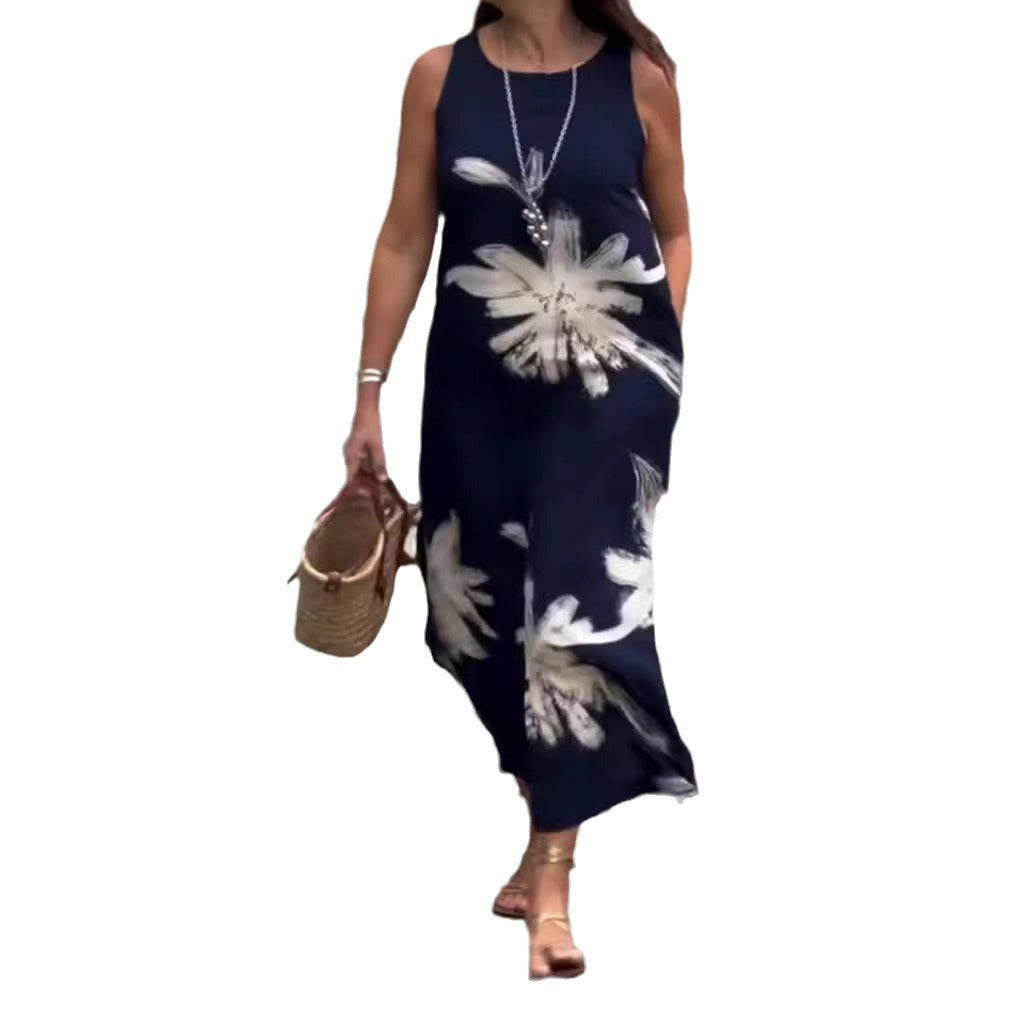 Damen nan ärmelloses lässiges Maxikleid aus Leichtjersey mit großflächigem Pinselblumenmuster und versteckten Seitentaschen Drune