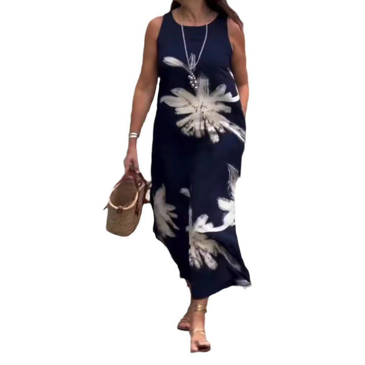 Damen nan ärmelloses lässiges Maxikleid aus Leichtjersey mit großflächigem Pinselblumenmuster und versteckten Seitentaschen Drune
