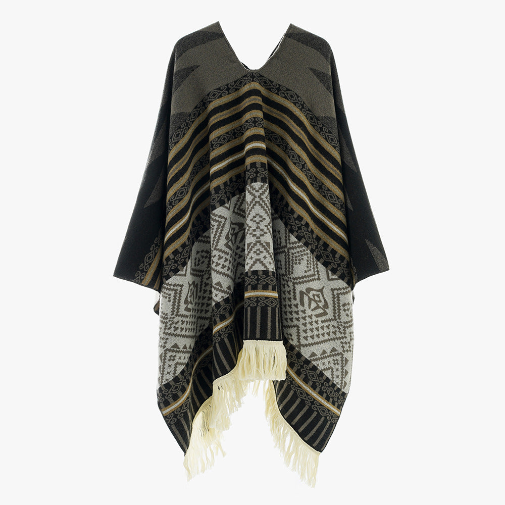Damen Leichter Jacquard-Poncho mit Ethno-Motiv und Fransensaum Drune