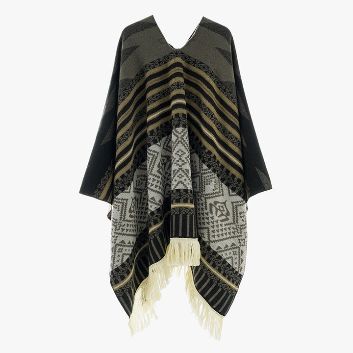 Damen Leichter Jacquard-Poncho mit Ethno-Motiv und Fransensaum Drune