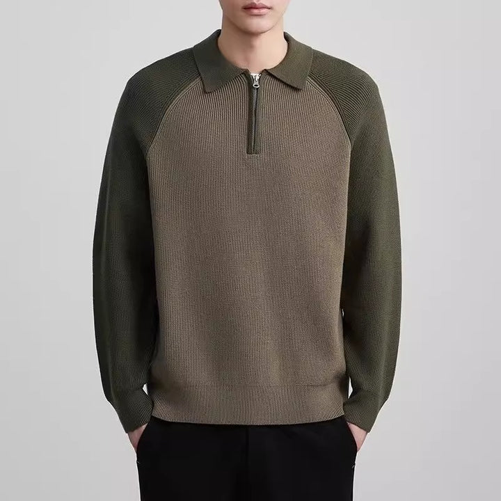 Herren Feinstrick-Halbzip-Pullover mit Polokragen und Raglanärmeln Drune