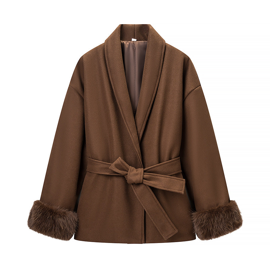 Damen Modische Jacke mit weich gefüttertem Kragen und Bindegürtel Drune