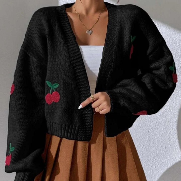 Damen kuschelige Strickjacke mit fruchtigem Stickmuster und weitem Schnitt Drune