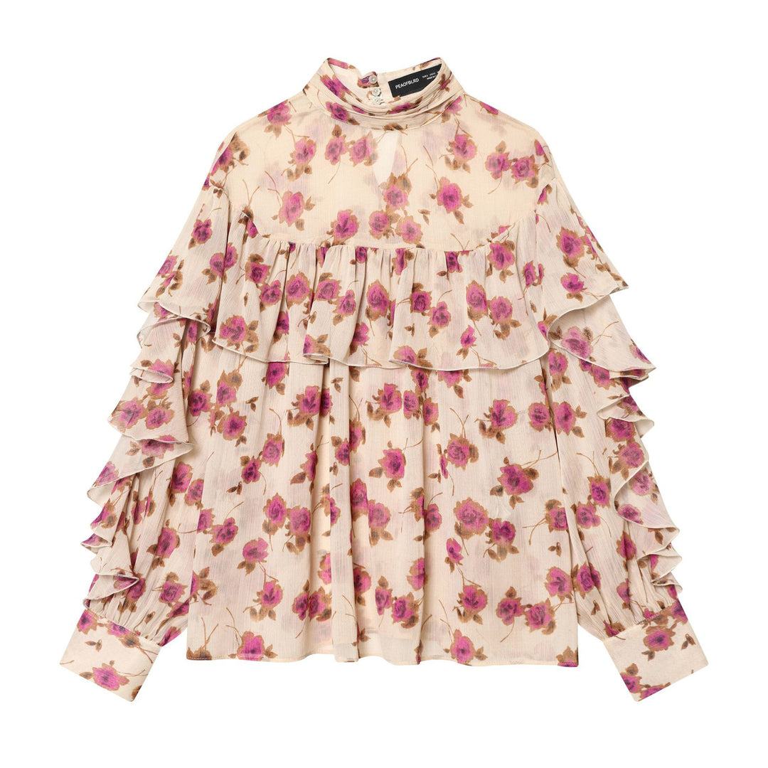 Damen nan zarte Volantbluse mit Stehkragen, mehrlagigen Rüschenstufen und floralem Chiffon Drune