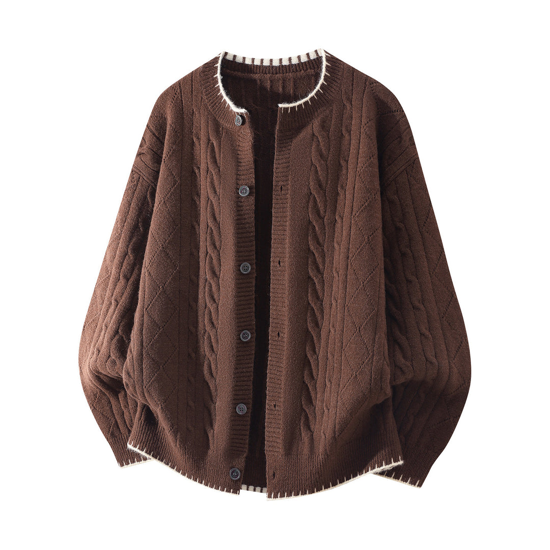 Damen Oversize Zopfmuster-Cardigan mit Rundhalsausschnitt, Ballonärmeln & Kontrastnaht Drune