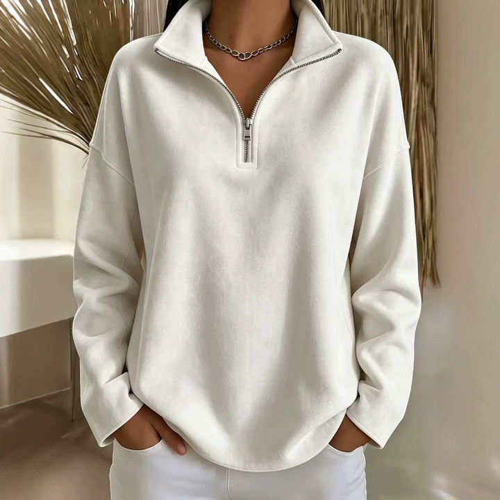 Damen Kuscheliger Oversize-Fleecepullover mit halbem Reißverschluss und Stehkragen Drune