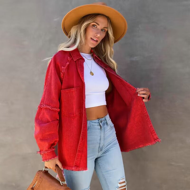 Damen Lässige Denim-Übergangsjacke im Vintage-Stil mit fransigen Details Drune