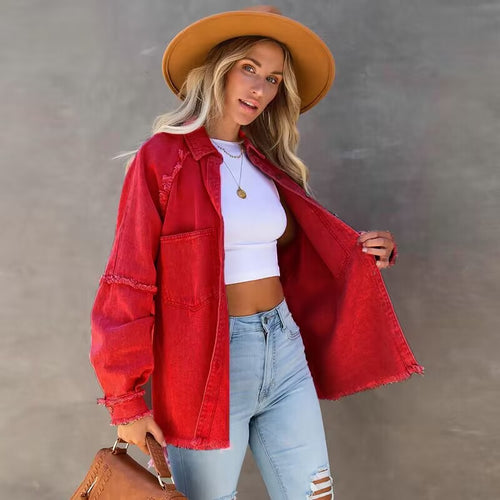 Damen Lässige Denim-Übergangsjacke im Vintage-Stil mit fransigen Details Drune