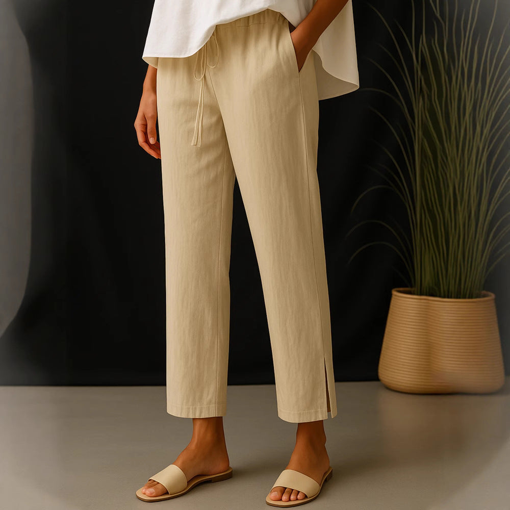 Damen Casual-Chino Leinenoptik Culotte mit elastischem Tunnelzugbund und Eingrifftaschen Drune
