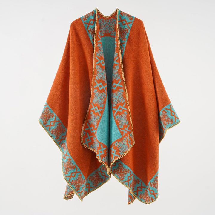 Damen Oversize-Umhangponcho aus Wollmix mit gewebter Bordüren-Jacquard und Zierkettelnaht Drune