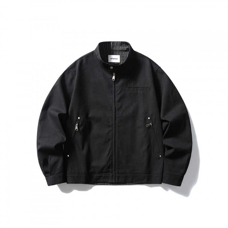 Herren leichte Baumwoll-Canvas Jacke mit Stehkragen und kariertem Innenfutter Drune