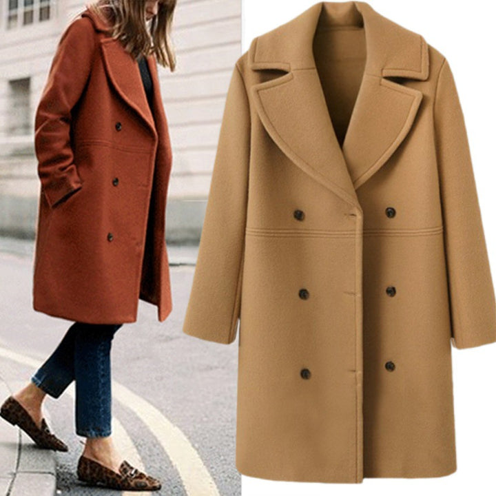 Damen Eleganter Doppelreiher-Wollmantel mit weitem Kragen und praktischen Taschen Drune