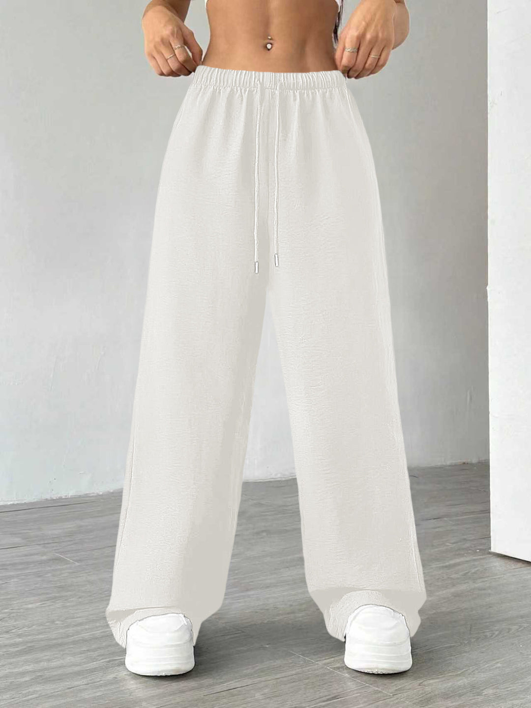Damen Weite Lounge-Hose mit hohem Elastikbund und Kordelzug Drune