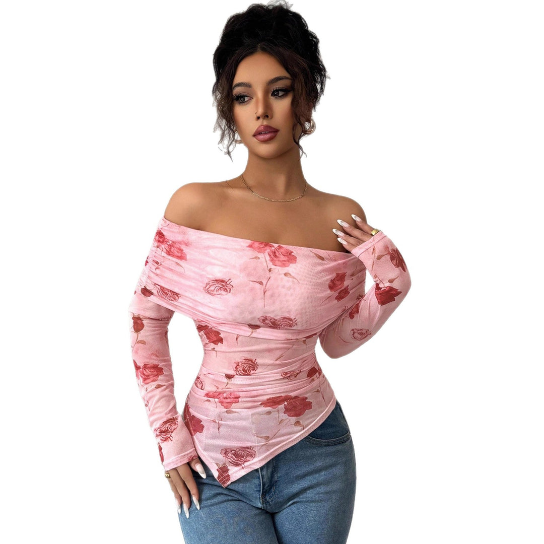 Damen nan schulterfreies gerafftes Langarm-Oberteil aus feinem Mesh mit floralem Print und taillierter Silhouette Drune
