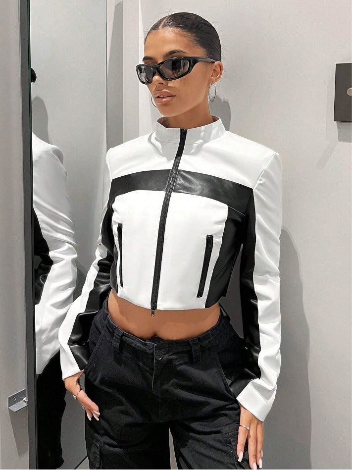 Damen Sportliche cropped Jacke aus Kunstleder mit Kontrastdetails Drune