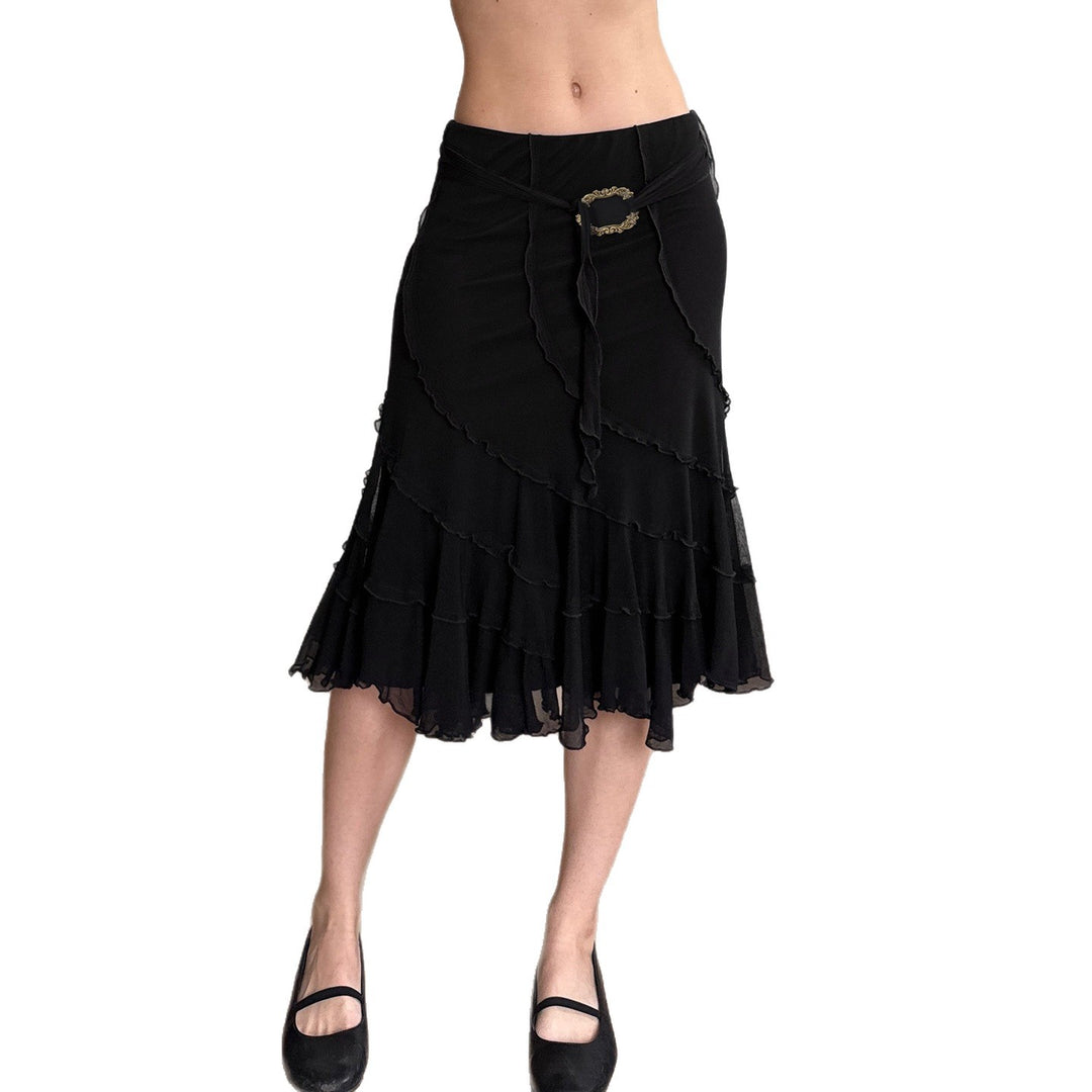 Damen Midirock aus Chiffon mit Lagen, asymmetrischen Nahtbahnen und Ziergürtel Drune