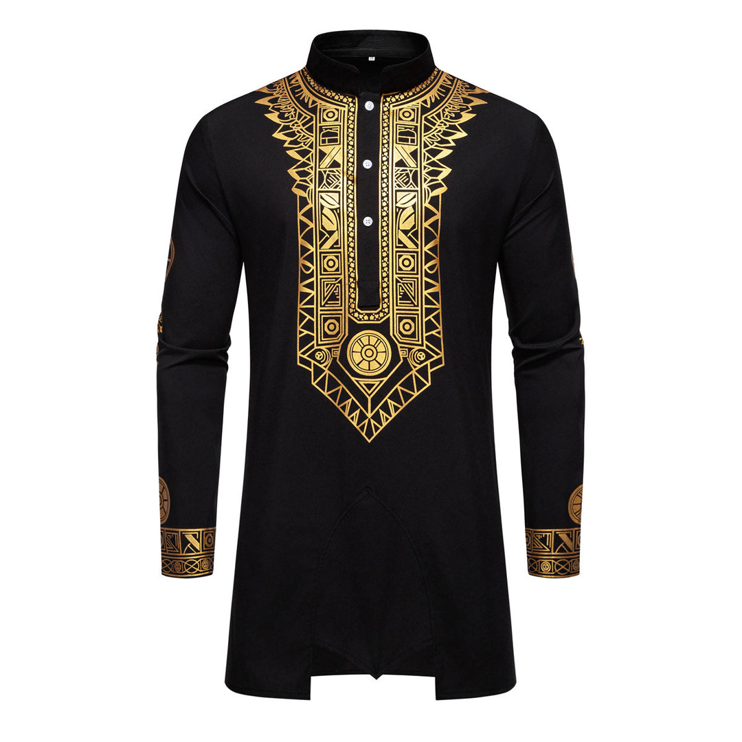 Herren Traditionelles Langarm-Kurta-Set mit Stehkragen, goldfarbenem Ornamentdruck und Tunnelzughose Drune
