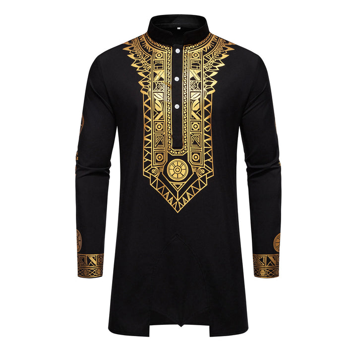 Herren Traditionelles Langarm-Kurta-Set mit Stehkragen, goldfarbenem Ornamentdruck und Tunnelzughose Drune