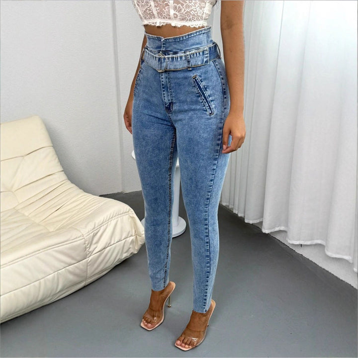 Damen Hochtaillierte Slim‑Skinny‑Jeans mit D‑Ring‑Gürtel und schrägen Eingrifftaschen Drune