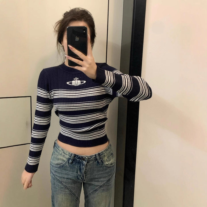 Damen Modischer Rippstrickpullover mit Streifen Drune