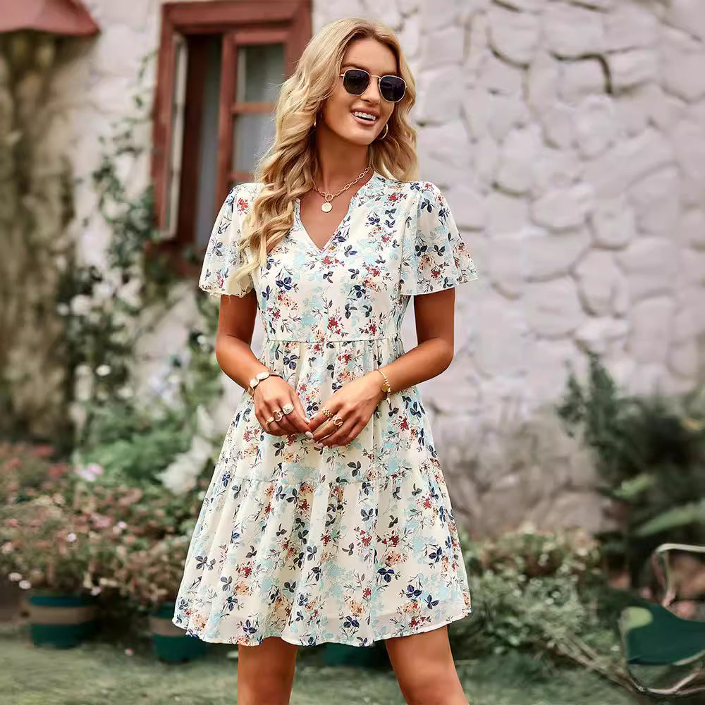 Damen Kurzes Freizeitleinenkleid mit floralen Verzierungen und rüschigem Saum Drune