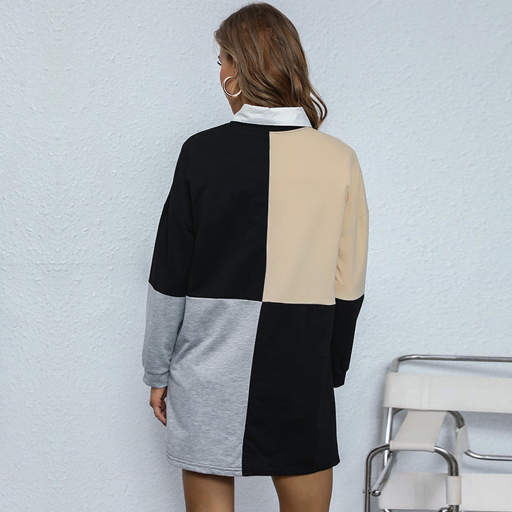 Damen Colorblock-Sweatkleid mit Hemdblusenkragen und lockerer Mini-Silhouette Drune