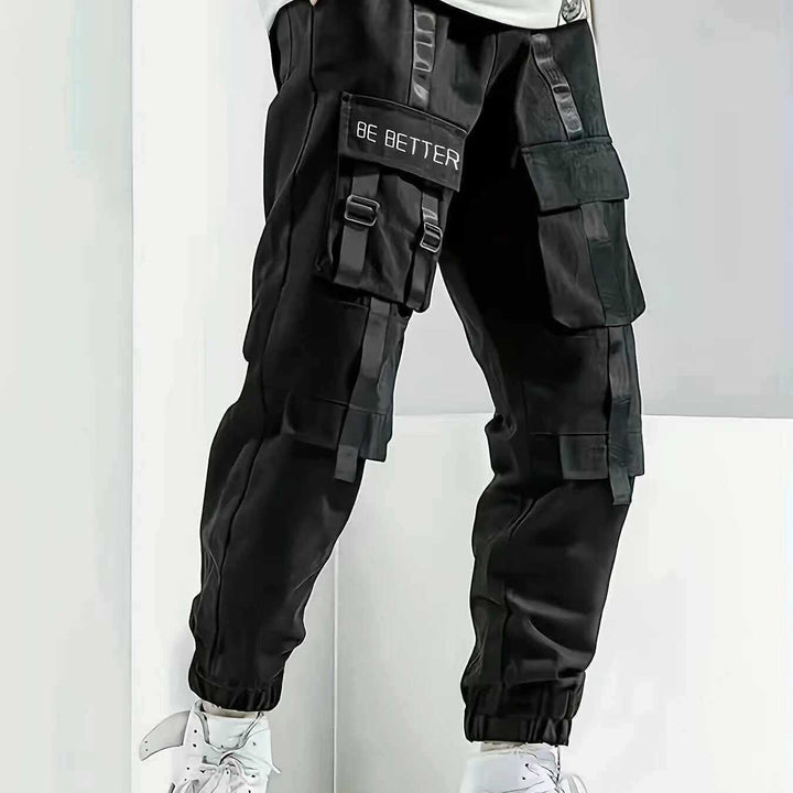 Herren Utility-Cargohose im Joggerstil mit Multifachtaschen, Ziergurten & Kordelbund Drune