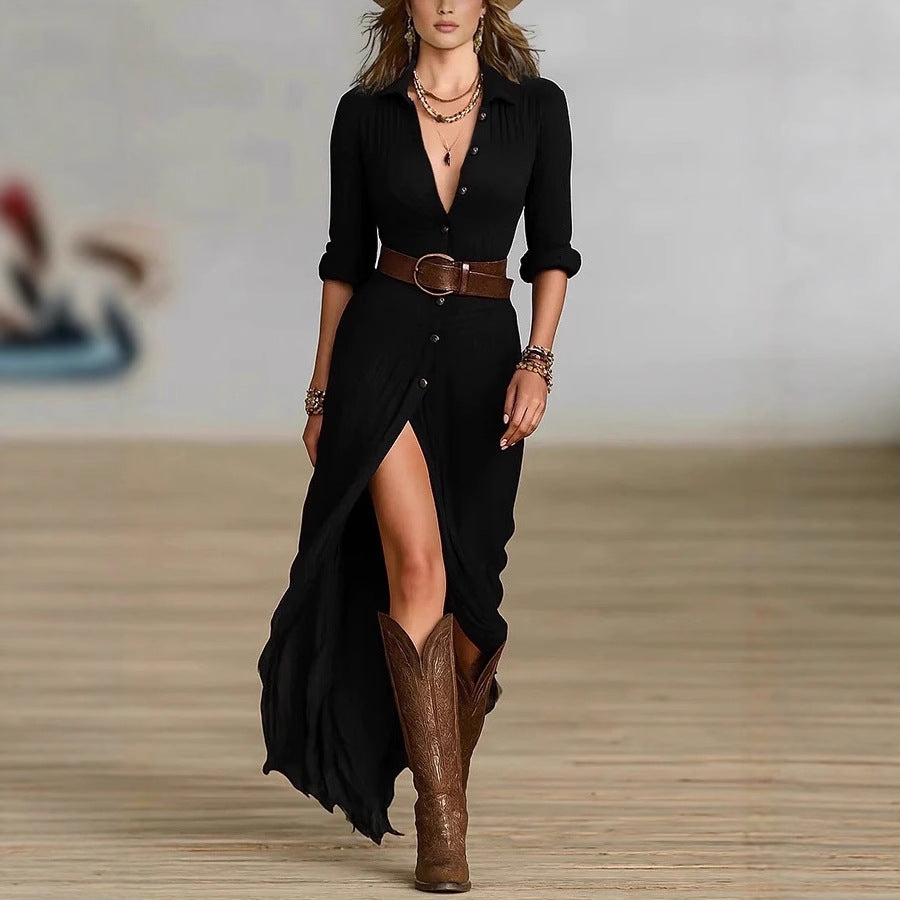 Damen-Shirt-Bluse-Maxi-Kleid mit geraffter Taille und hohem Schlitz Drune
