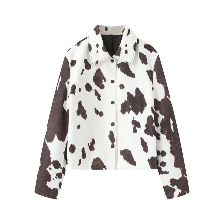 Damen nan cropped Hemdjacke mit Kuhfleck-Print, Boxy-Silhouette und Druckknopfleiste Drune