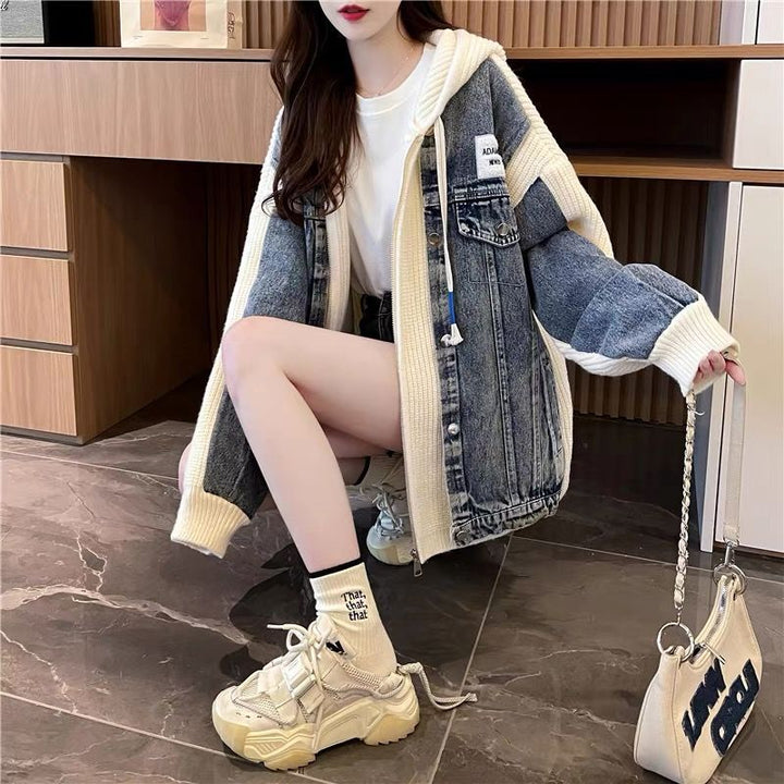 Damen Oversized Denim-Jacke mit Strickelementen Drune