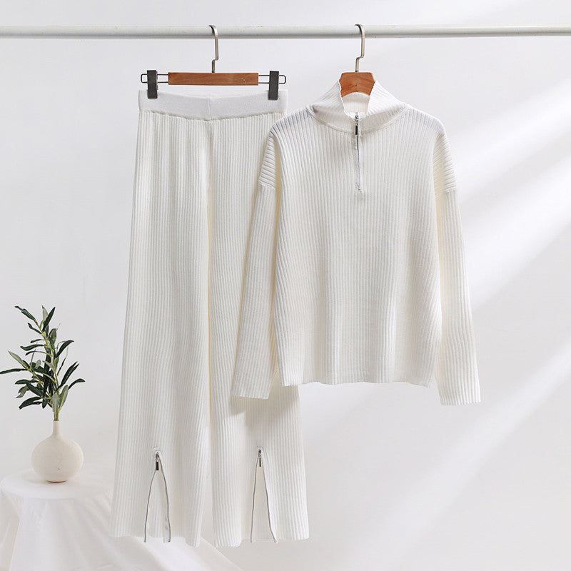 Damen lässiges Strickensemble mit hohem Kragen und seitlichen Schlitzen Drune
