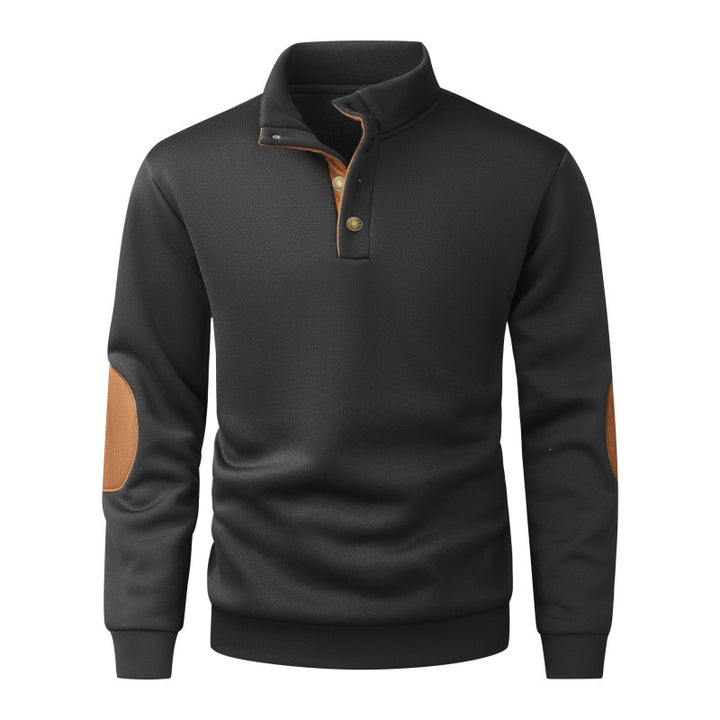 Herren Strickpullover mit Stehkragen, Knopfleiste & Ellbogenpatches Drune