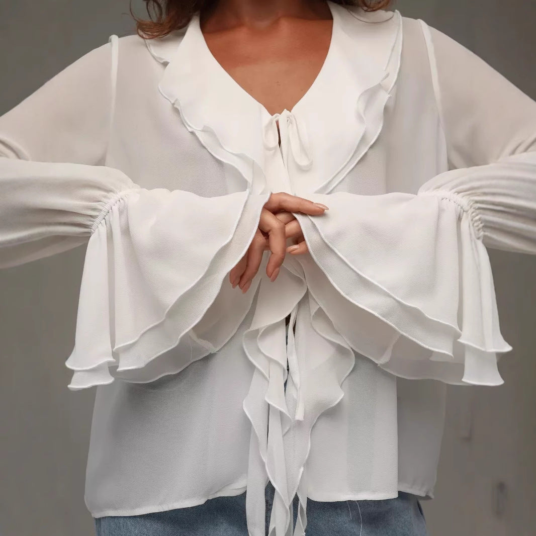 Damen leichtes Chiffon-Blusenshirt mit Rüschen und Kordelzug Drune