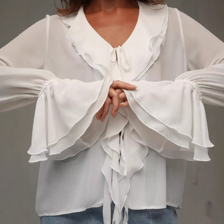 Damen leichtes Chiffon-Blusenshirt mit Rüschen und Kordelzug Drune