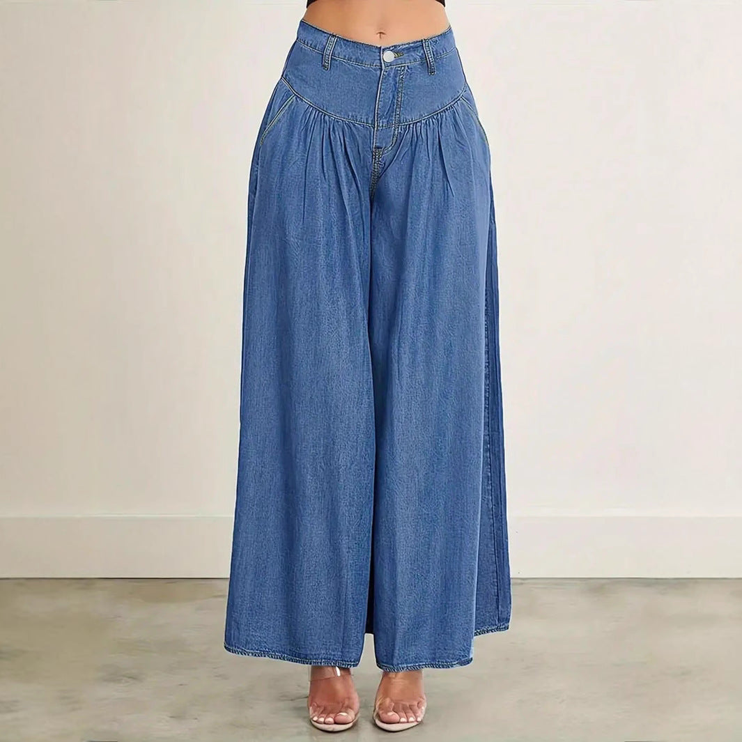 Damen Hochtaillierte Denim-Palazzohose mit geraffter Kellerfalte und extra weitem Bein Drune