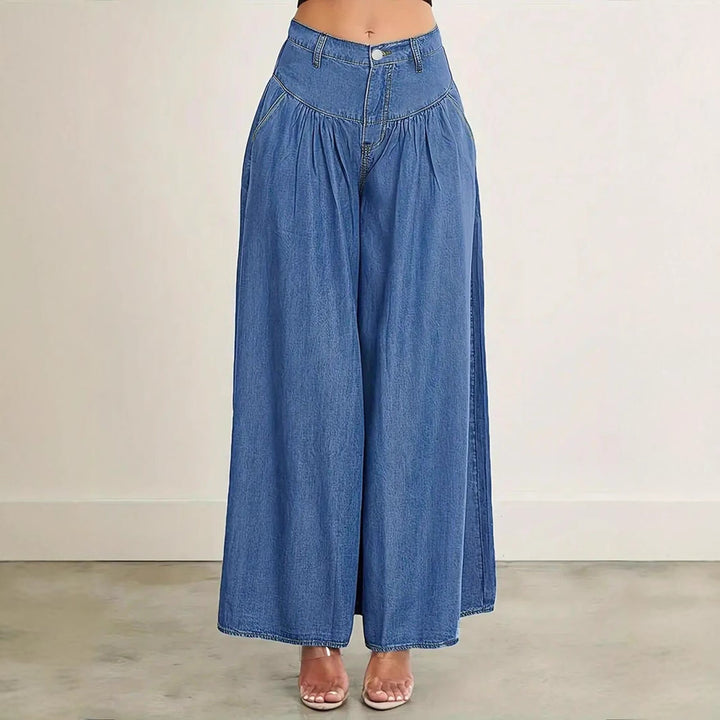 Damen Hochtaillierte Denim-Palazzohose mit geraffter Kellerfalte und extra weitem Bein Drune