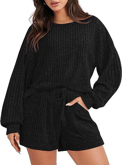 Damen gemütlicher Fleece Lounge-Anzug mit weiten Ärmeln und elastischem Bund Drune