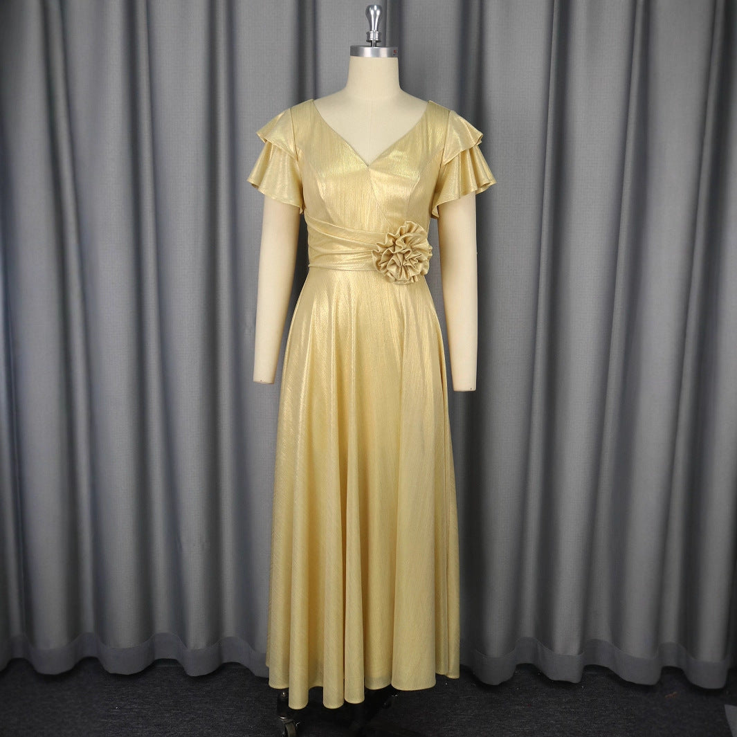 Damen glamouröses Abendkleid mit elegantem V-Ausschnitt und voluminösen Rüschensäumen Drune