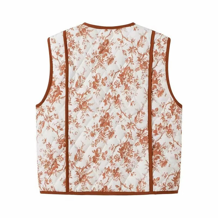 Damen nan leichte gesteppte V-Neck-Weste mit floralem Allover-Print, kontrastierender Paspel und praktischen Eingrifftaschen Drune