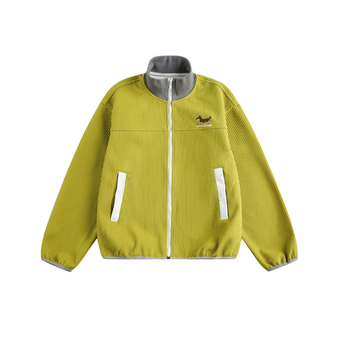Damen Waffelstruktur Zipjacke im Boxy‑Cut mit Stehkragen und Hundestickerei Drune