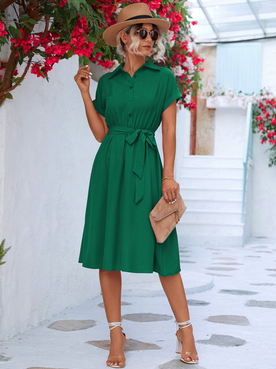 Damen Hemdblusenkleid mit eleganter Taillierung und modischem Bindegürtel Drune