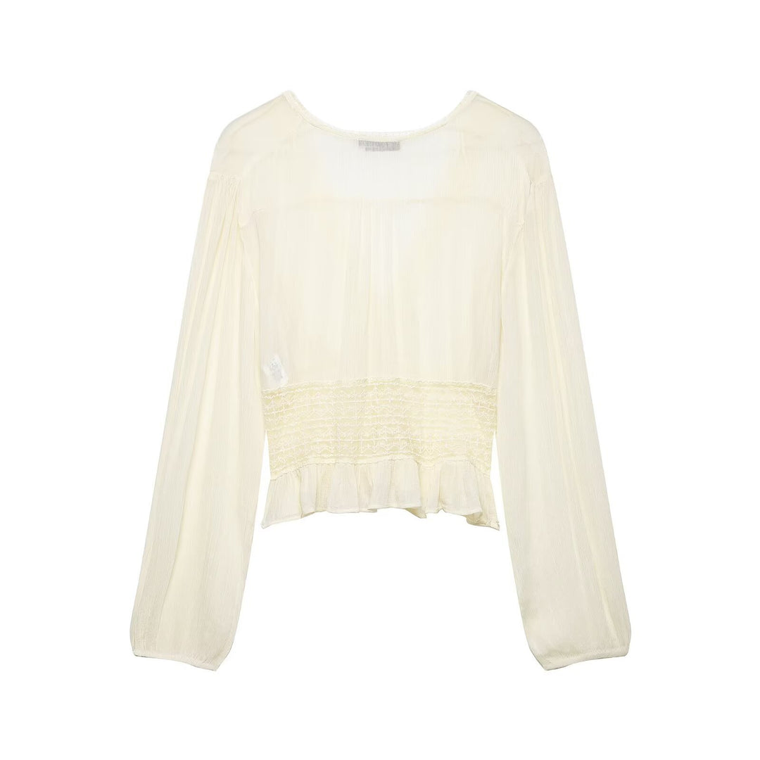 Damen Leichte Bluse mit V‑Ausschnitt, Smokbund und Volantsaum Drune