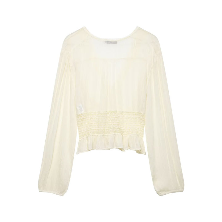Damen Leichte Bluse mit V‑Ausschnitt, Smokbund und Volantsaum Drune