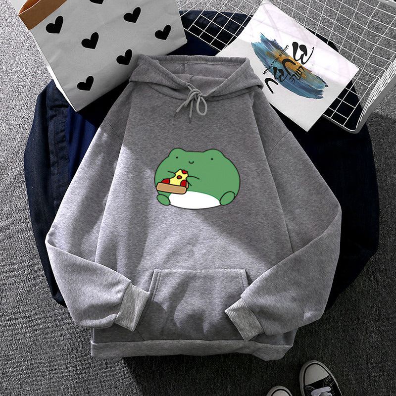 Damen nan gemütlicher Kapuzenpullover mit kawaii Frosch‑Pizza‑Motiv und oversized Relax‑Fit Drune