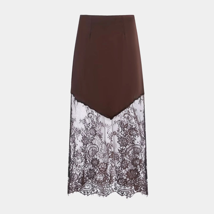 Damen nan Satinrock mit Spitzen-Overlay und asymmetrischem Zipfelsaum Drune