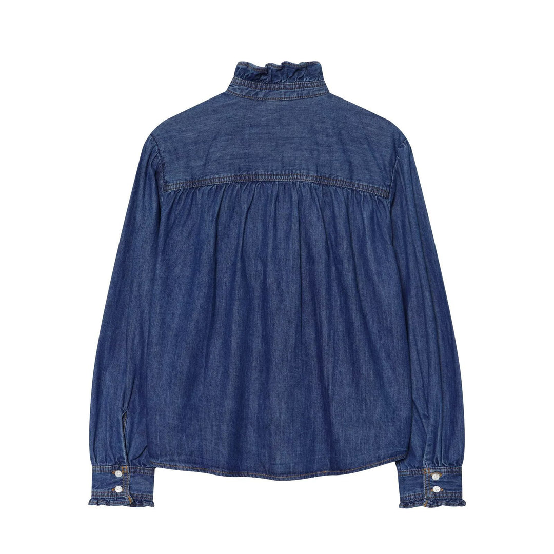 Damen Weiche Denim-Tunika mit Rüschenblende, Stehkragen und Ballonärmeln Drune