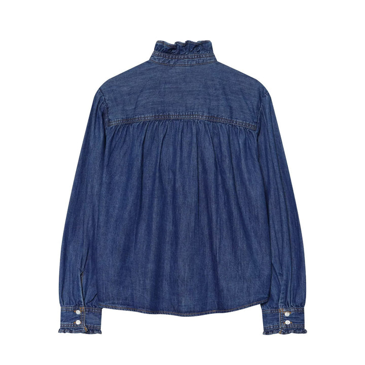 Damen Weiche Denim-Tunika mit Rüschenblende, Stehkragen und Ballonärmeln Drune
