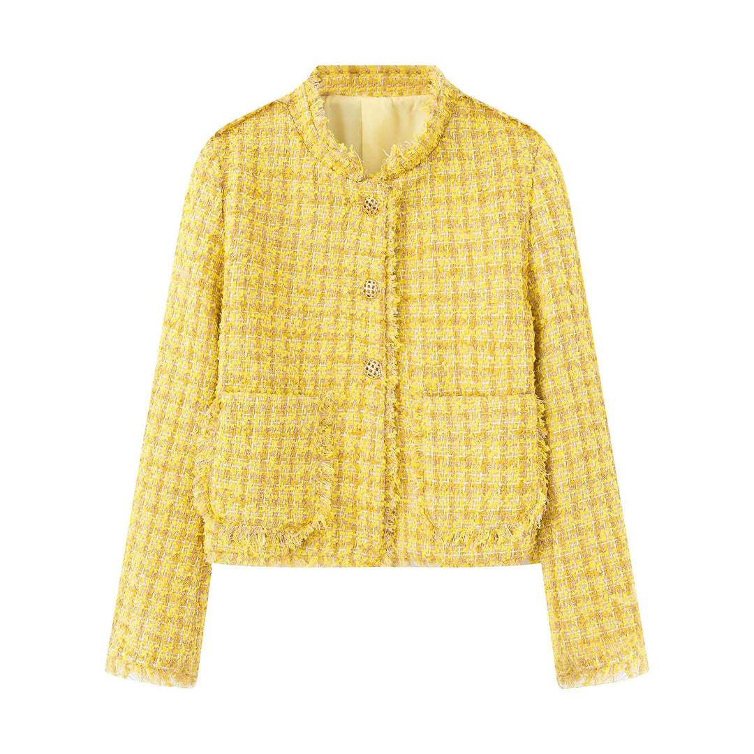 Damen nan kurze Bouclé-Tweedjacke mit goldenen Zierknöpfen, aufgesetzten Taschen und Fransenbesatz Drune