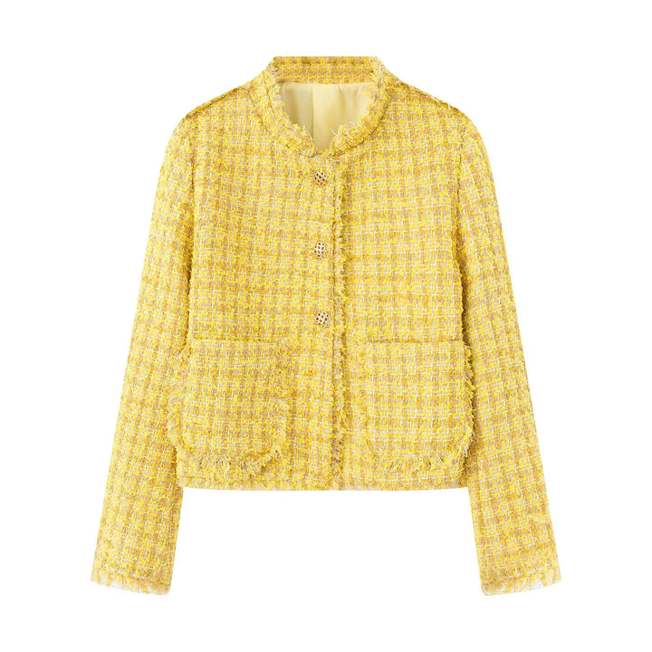 Damen nan kurze Bouclé-Tweedjacke mit goldenen Zierknöpfen, aufgesetzten Taschen und Fransenbesatz Drune